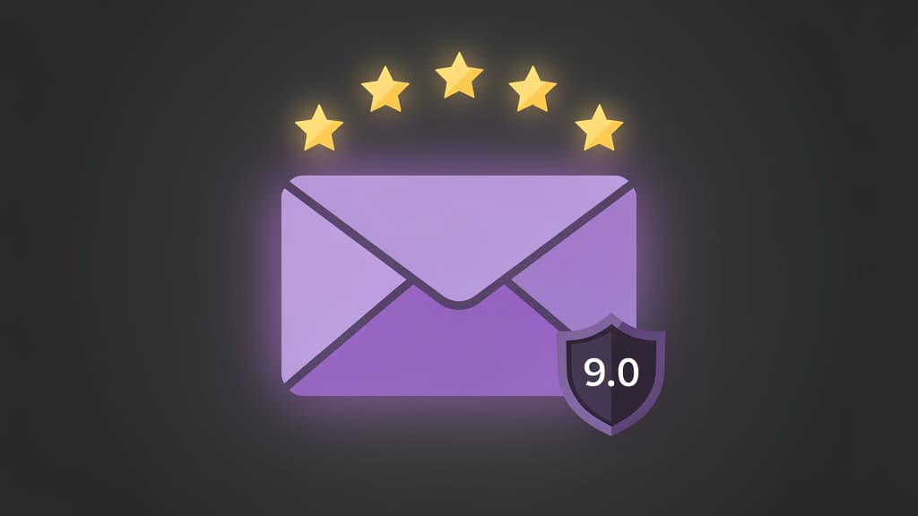 Proton Mail web inbox open on a laptop next to a notebook and a coffee cup, editorial product photography