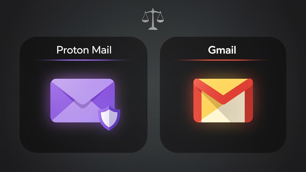 Proton Mail and Gmail interfaces shown side by side on a laptop screen