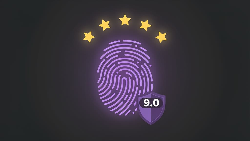 Proton Pass app open on a laptop showing a vault of logins and passkeys, editorial product photography