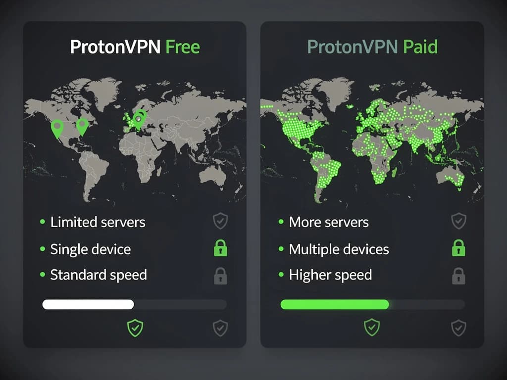Two brass keys on a dark slate surface lit by a single overhead beam, one slightly larger than the other, evoking the choice between ProtonVPN's free and paid tiers