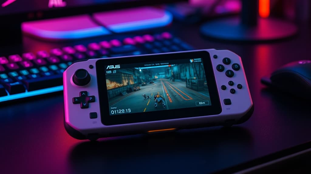 ASUS ROG Ally X handheld gaming PC on a desk showing a game running at high settings