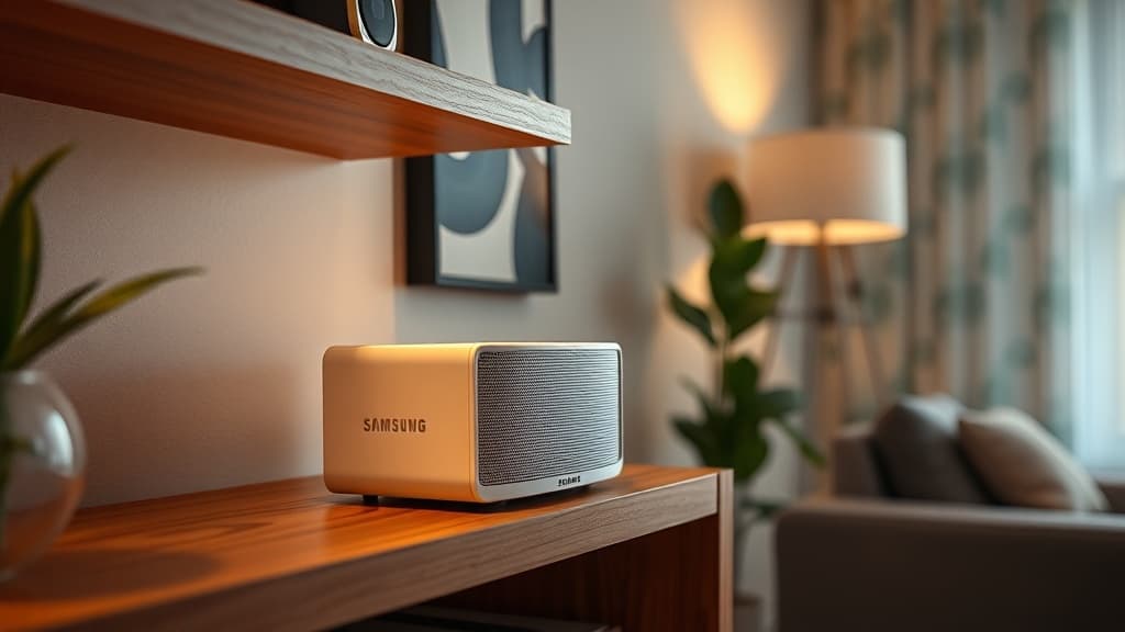 Samsung Music Studio 7 speaker on a living room shelf