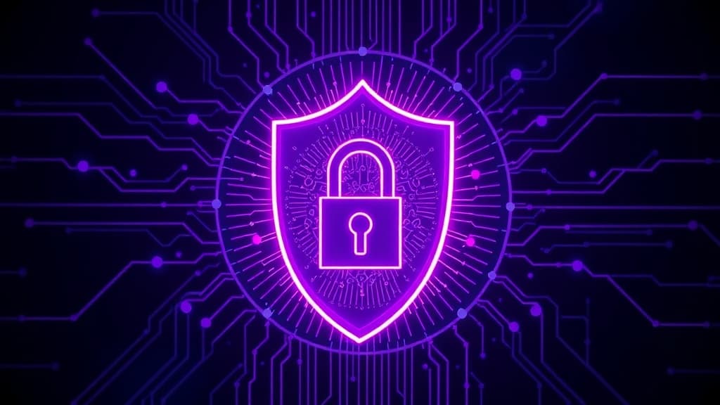 Shield icon overlaid on a network of AI agent connections representing cybersecurity