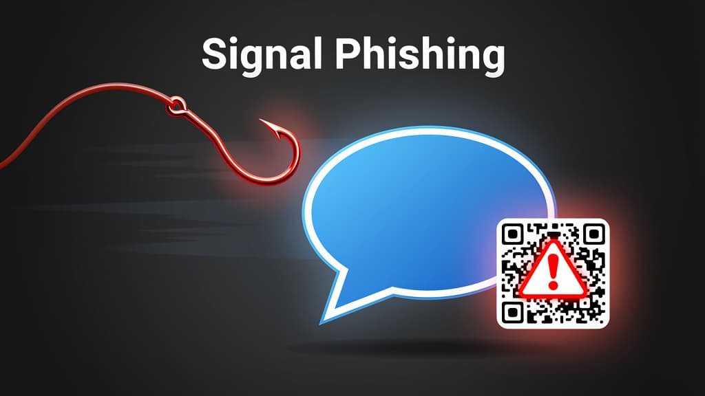 Signal app icon with a glowing blue shield and a red phishing hook icon — illustration of the 2026 Signal phishing campaign