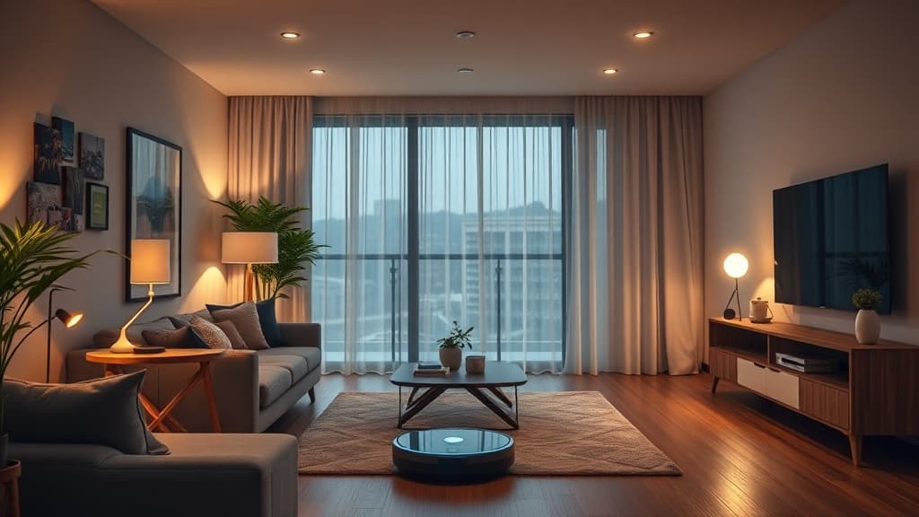 A modern smart home interior showing interconnected devices, energy management displays, and AI-powered automation