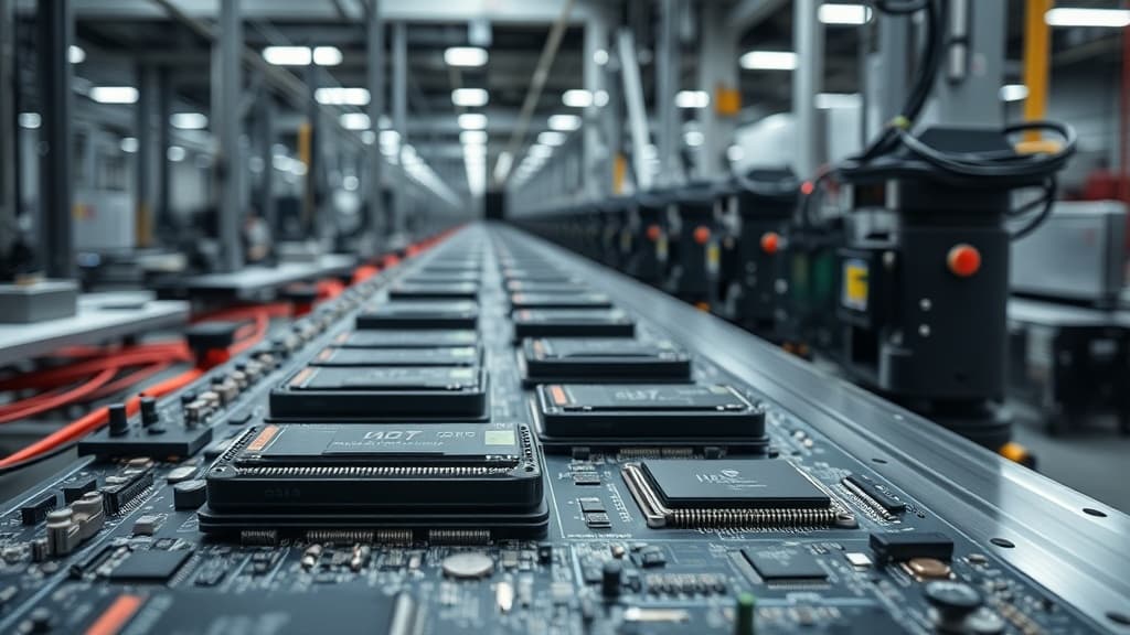 Smartphone memory chips and DRAM modules on a manufacturing assembly line