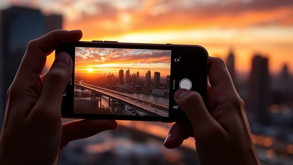 Person taking a professional photo with a smartphone at golden hour