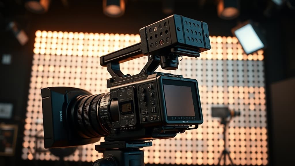 Professional cinema camera rig on a production set with studio lighting
