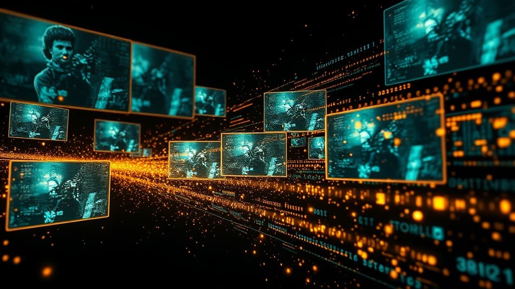 Cinematic AI-generated video frames dissolving into streams of data, editorial tech illustration style
