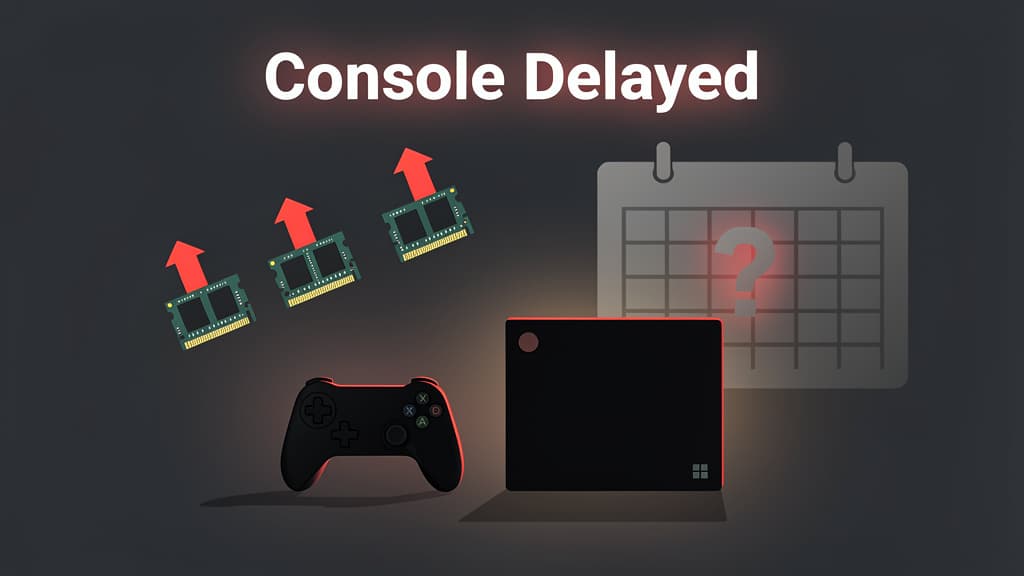 Steam Machine console silhouette with a grayed-out calendar and rising price tag — illustration of the 2026 Steam Machine delay
