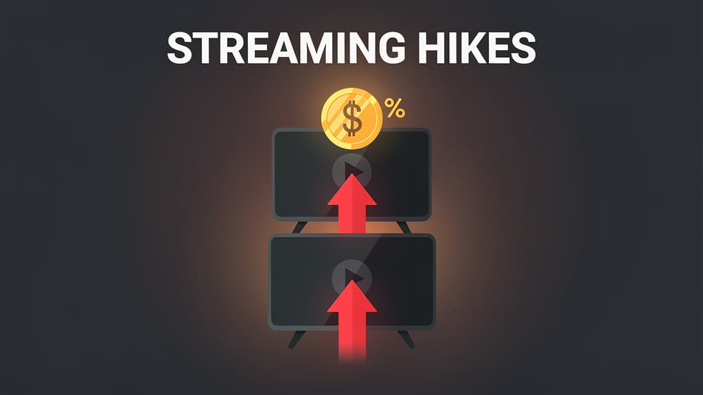 Stacked streaming app icons (Netflix, Spotify, YouTube) on a dark background with rising price arrows — illustration of 2026 streaming price hikes