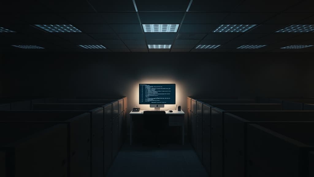 A split image showing office workers leaving a building on one side and a massive AI data center under construction on the other