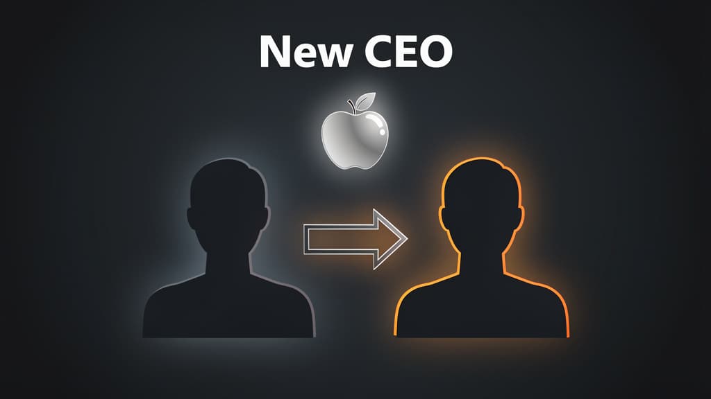 Apple logo with a stylized handover arrow between two silhouettes — illustration of the Tim Cook to John Ternus CEO transition in 2026