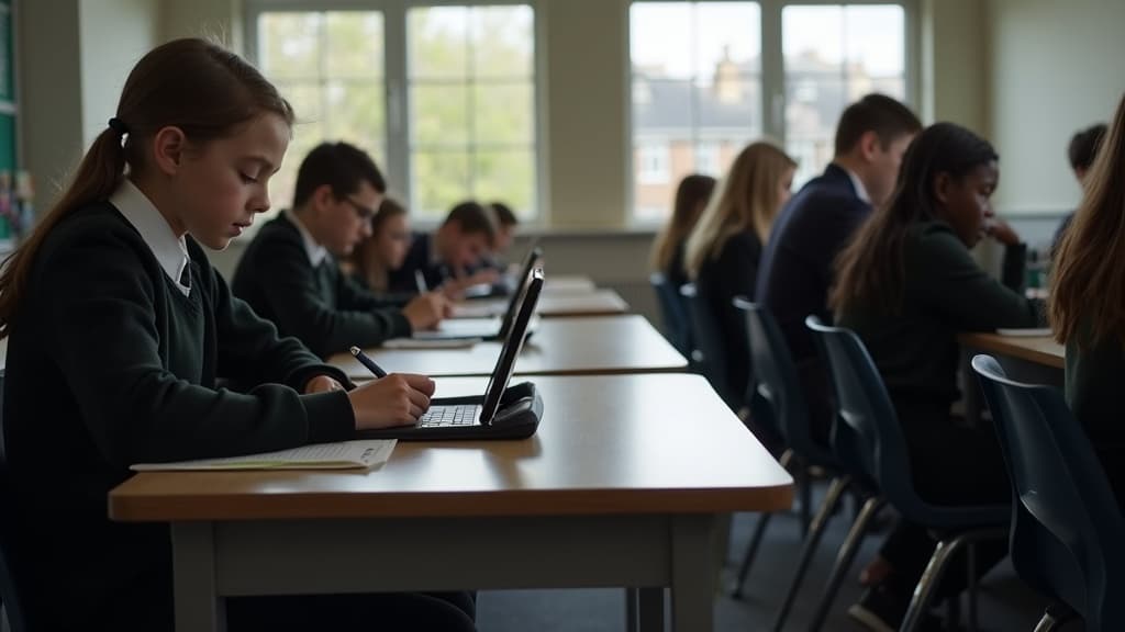UK classroom with a tray of collected smartphones near the door while pupils work at desks