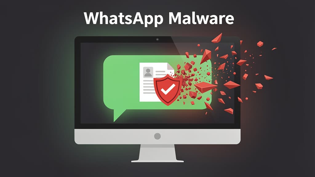 WhatsApp Desktop window on Windows with a red warning shield over an attachment — illustration of the 2026 VBS malware campaign
