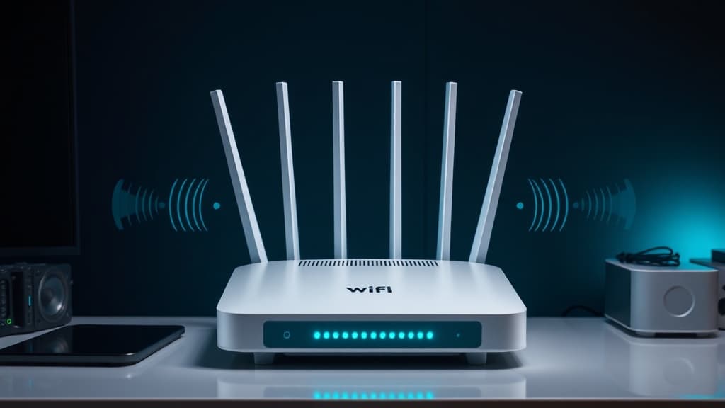WiFi 7 router with multiple antennas sitting on a desk next to connected devices