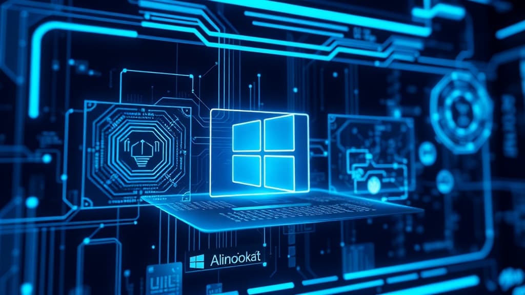 Futuristic Windows interface with glowing AI Copilot elements on a dark blue background